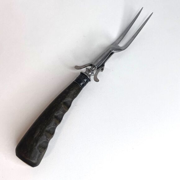 Stainless Carving Fork VTG Solid Wood Handle with Finger Grooves Kickstand MCM - Picture 1 of 14